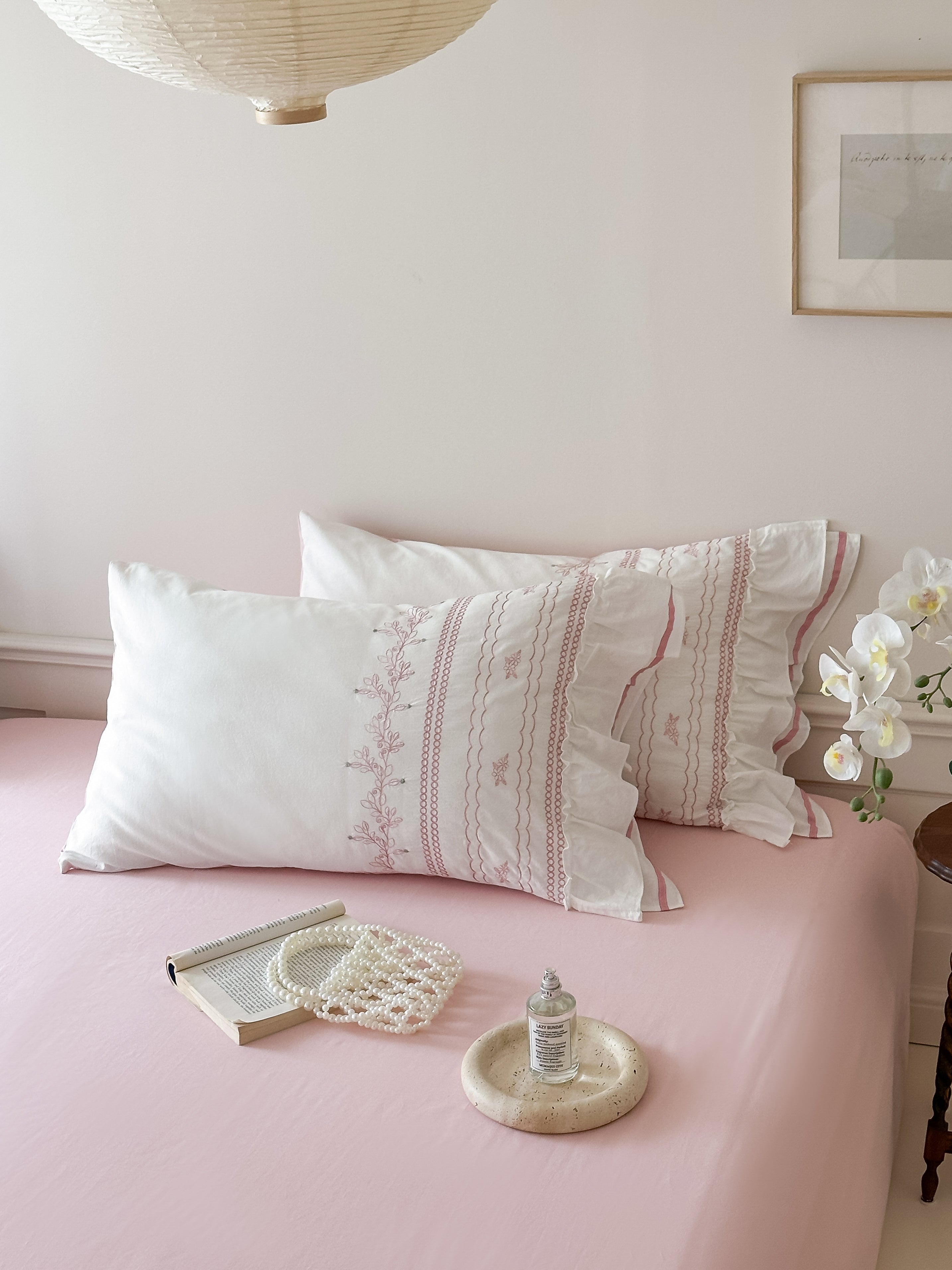 Embroidered French Lace Ruffle Bedding Set / Pink