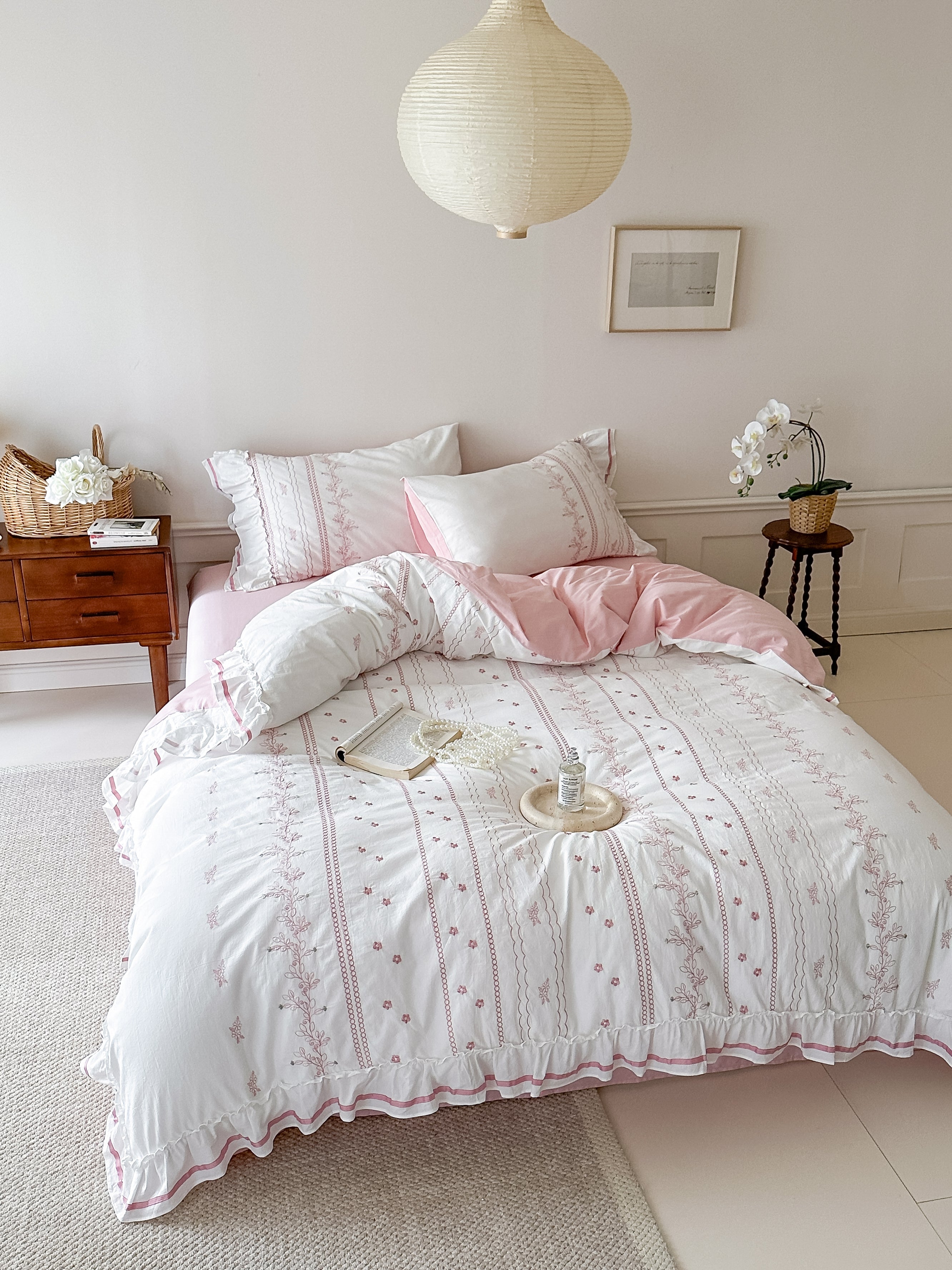 Embroidered French Lace Ruffle Bedding Set / Pink