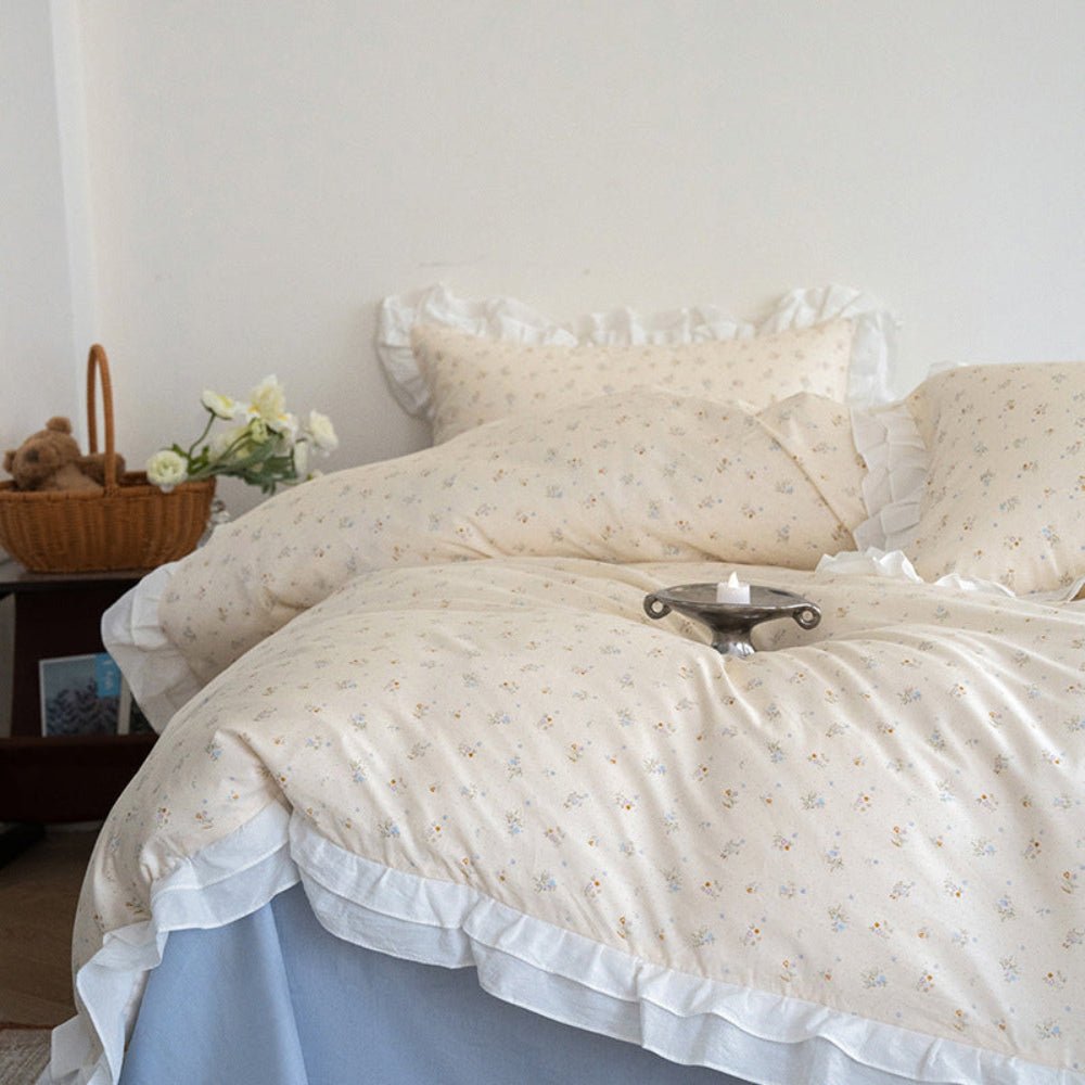 Annie Lace Ruffle Floral Bedding Set / Cream Blue