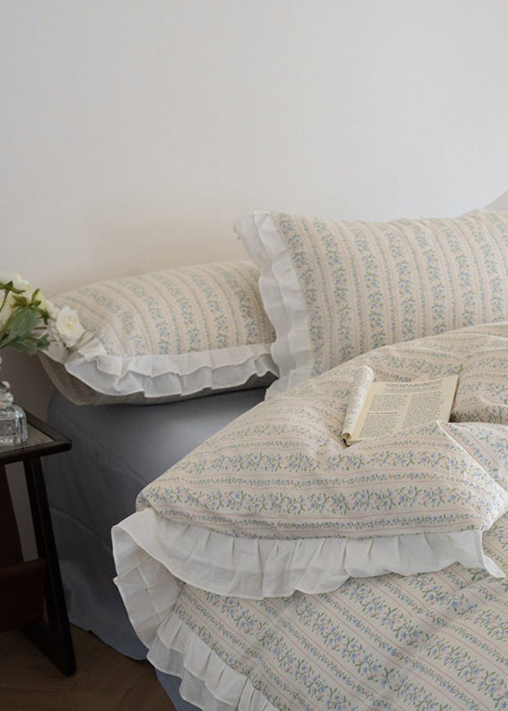Annie Lace Ruffle Floral Bedding Set / Cream Blue