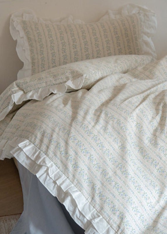 Annie Lace Ruffle Floral Bedding Set / Cream Blue