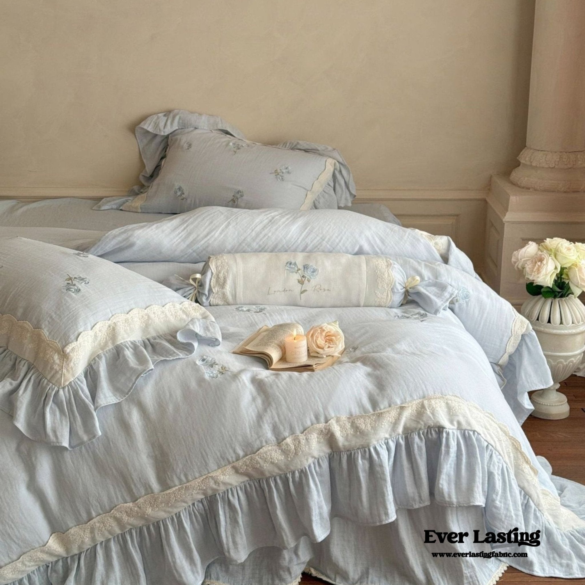 Beatrice Rose Lace Ruffle Bedding Set / Blue