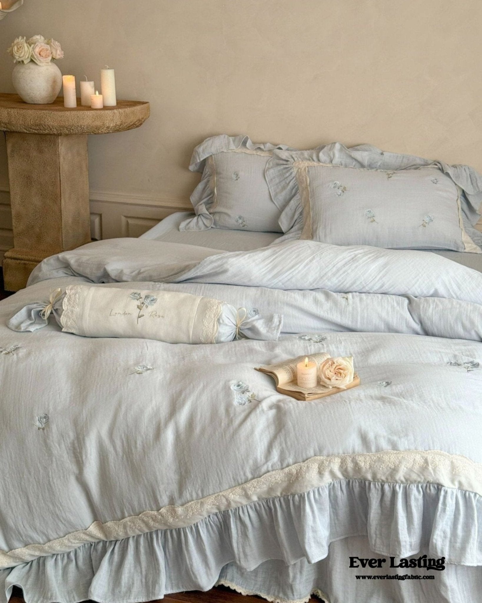 Beatrice Rose Lace Ruffle Bedding Set / Blue