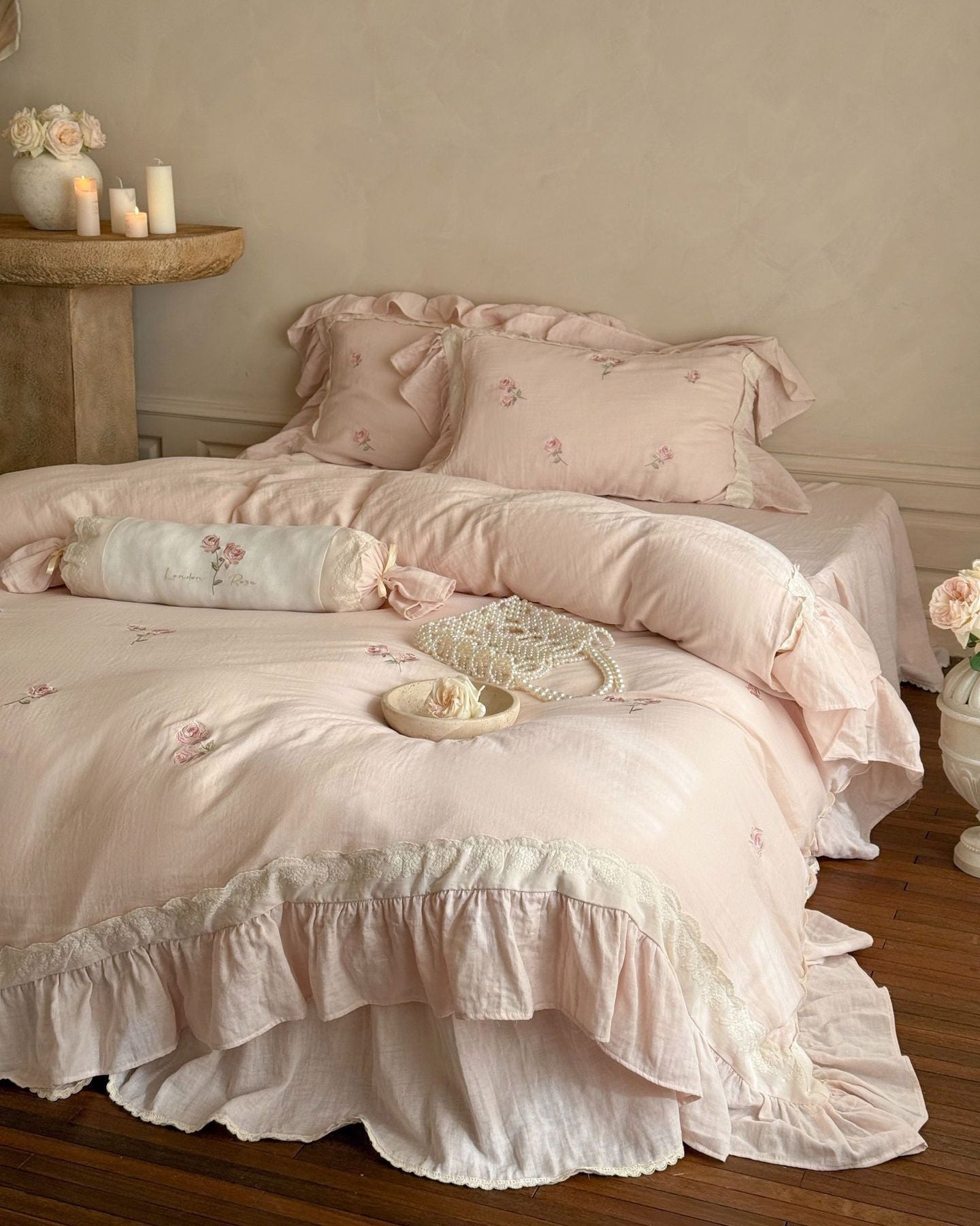 Beatrice Rose Lace Ruffle Bedding Set / Pink