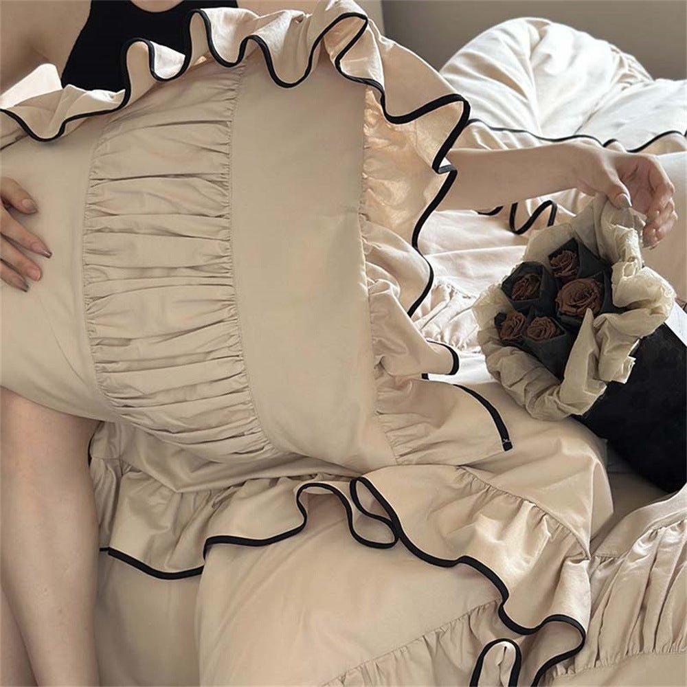 Beige Black Trim Ruffle Bedding Set