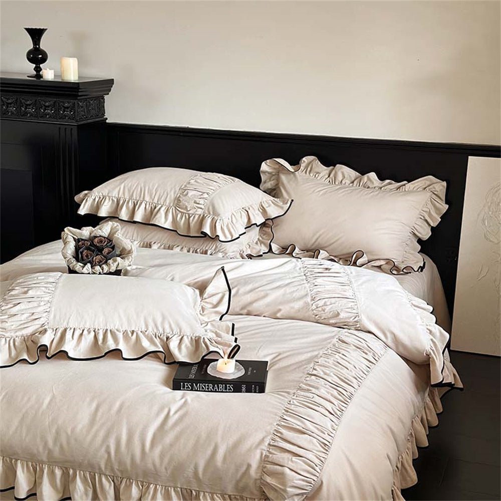 Beige Black Trim Ruffle Bedding Set