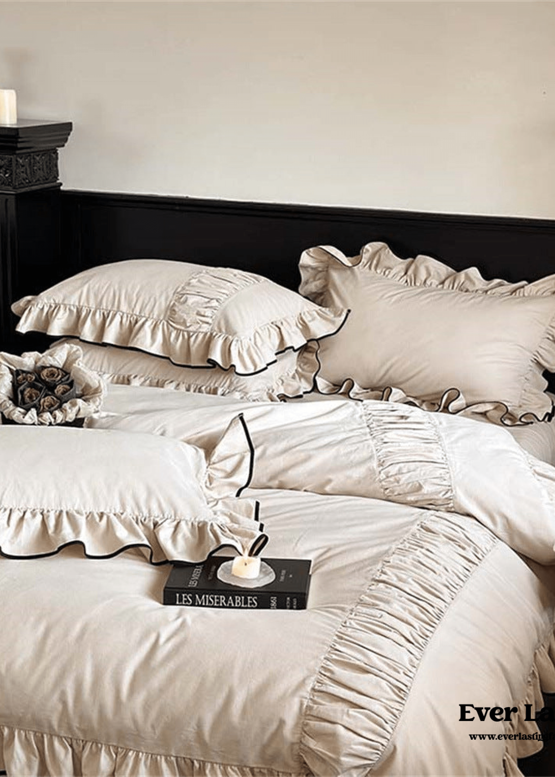 Beige Black Trim Ruffle Bedding Set