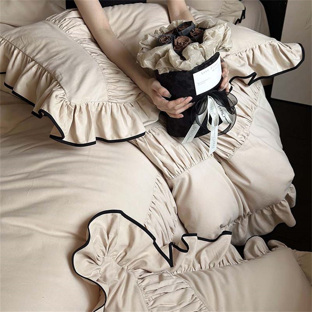 Beige Black Trim Ruffle Bedding Set