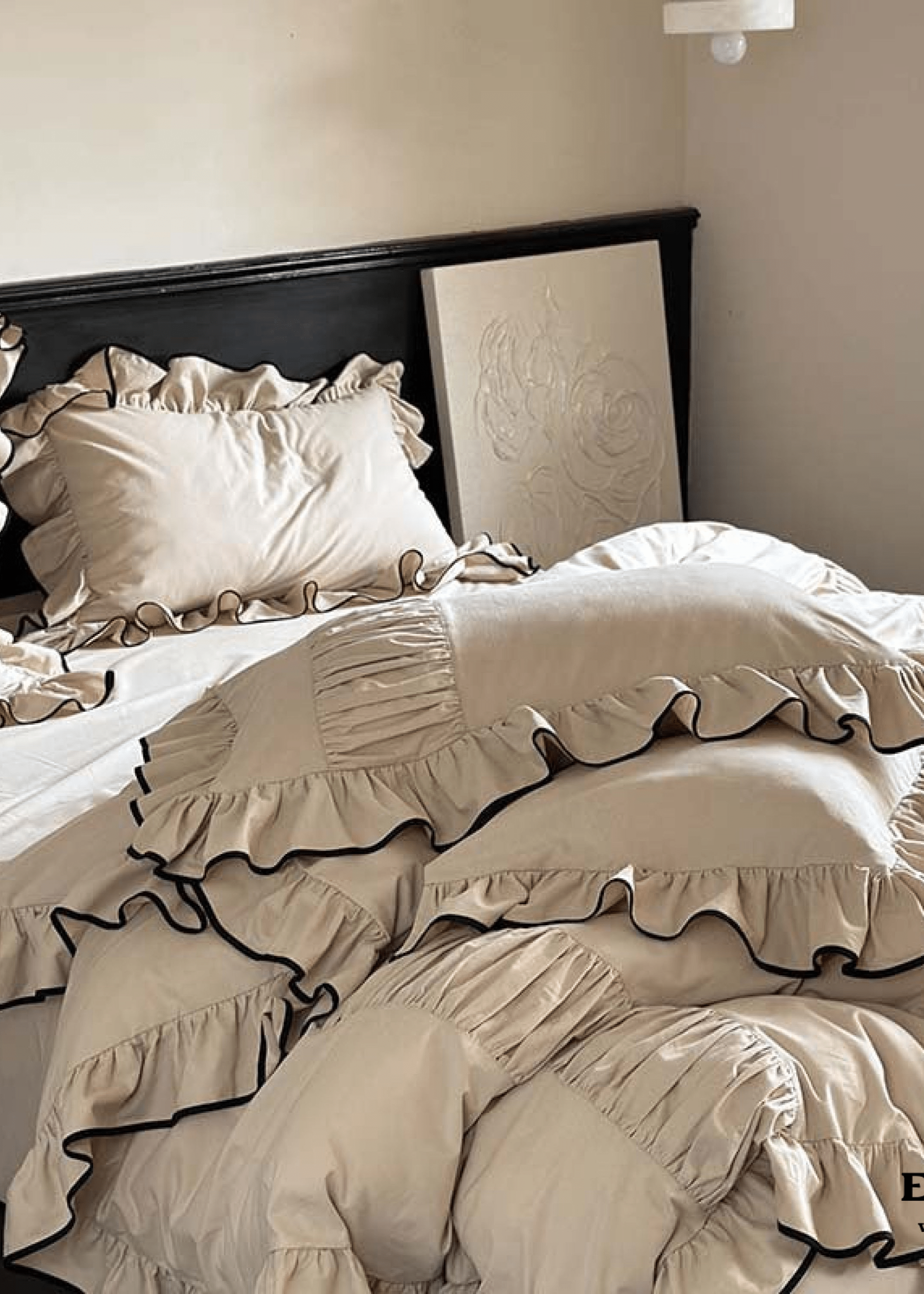 Beige Black Trim Ruffle Bedding Set