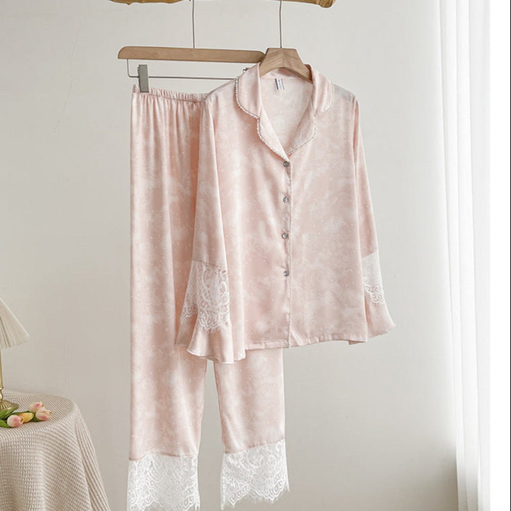 Celeste Silky Luxury Lace Pajama Set / Blue