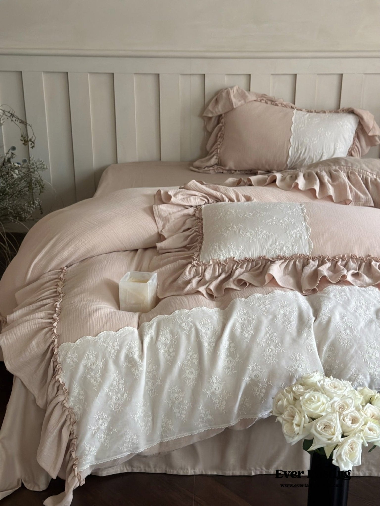 Celeste Soft Lace Embroidered Ruffle Bedding Set / White