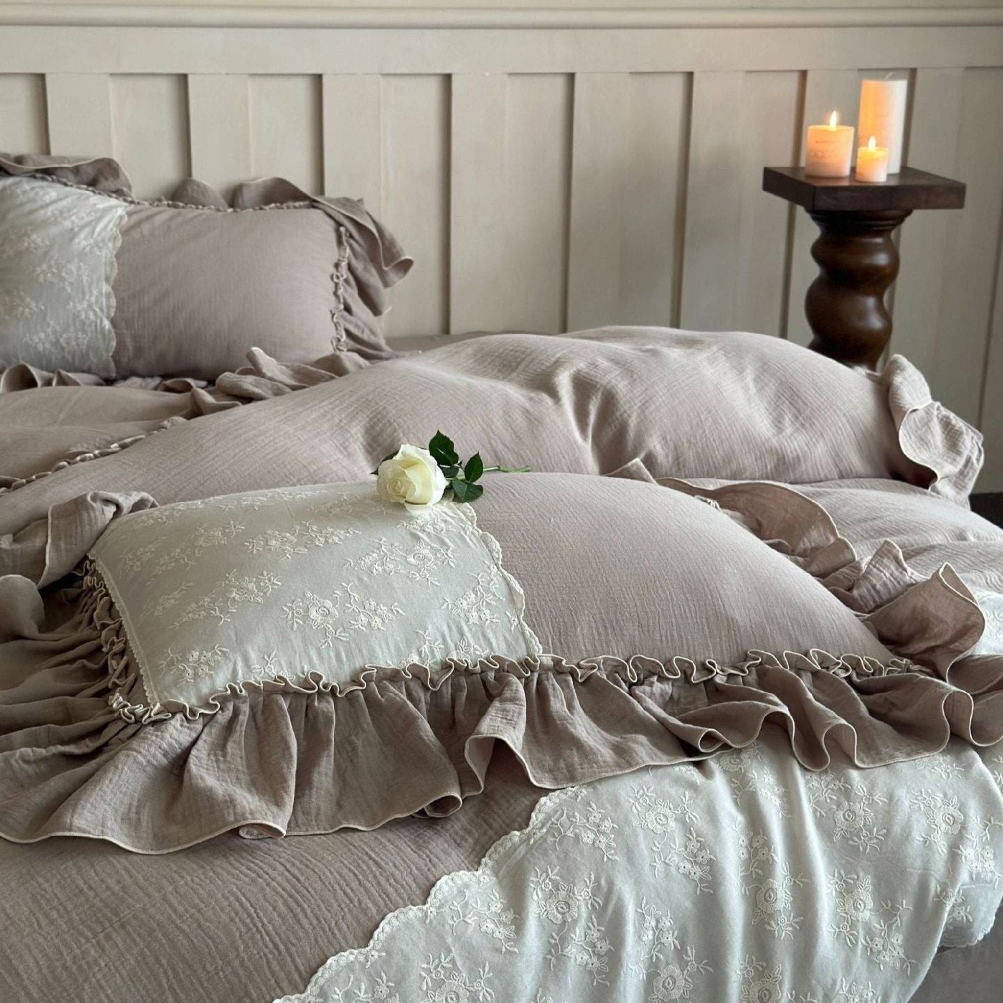 Celeste Soft Lace Embroidered Ruffle Bedding Set / White