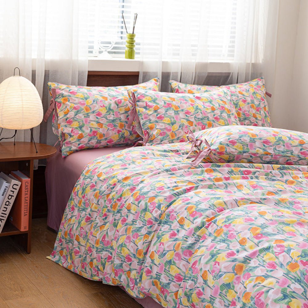 Celia Cottage Ribbon Bow Tie Floral Bedding Set / Purple