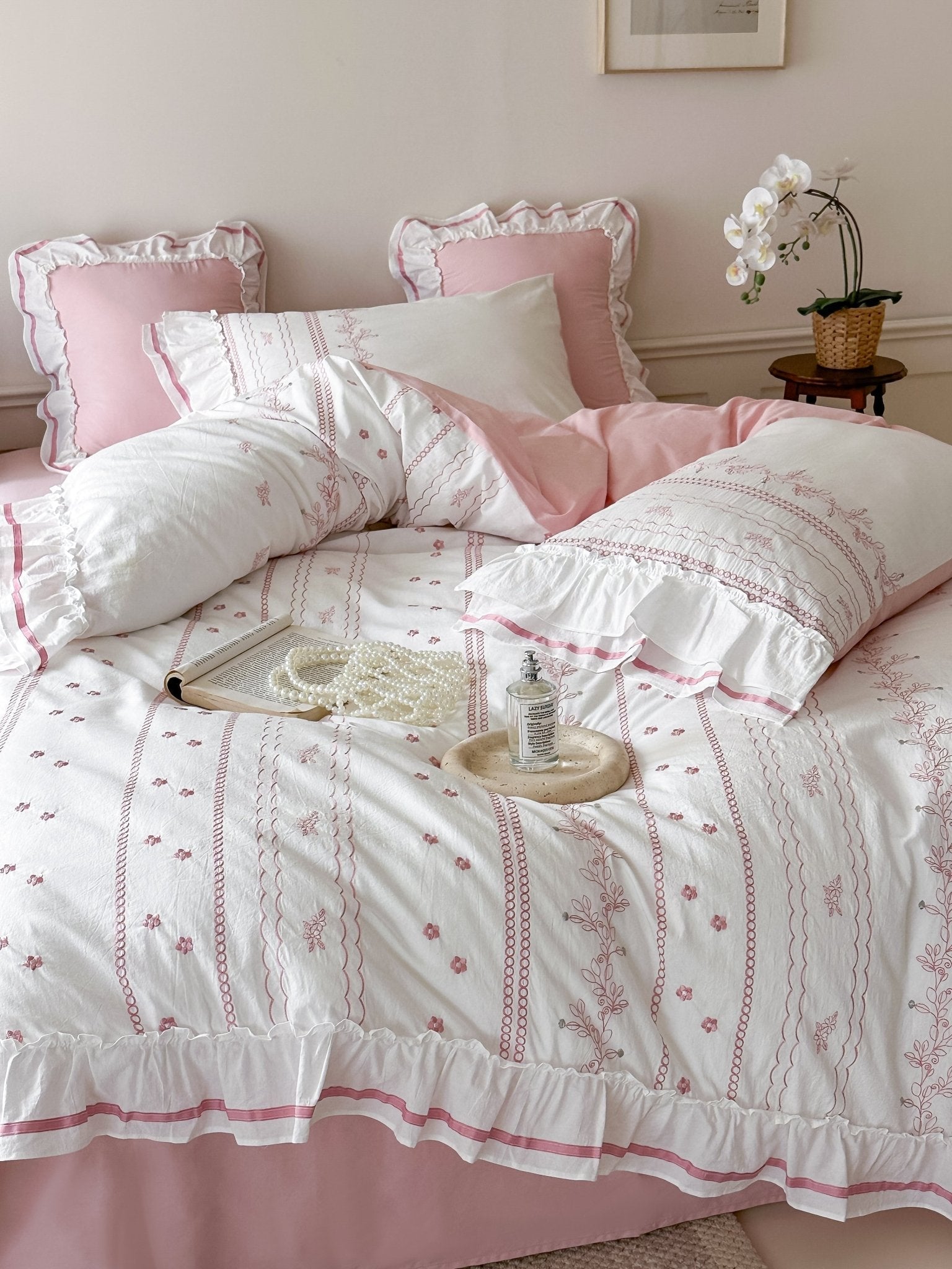 Embroidered French Lace Ruffle Duvet Cover / Pink