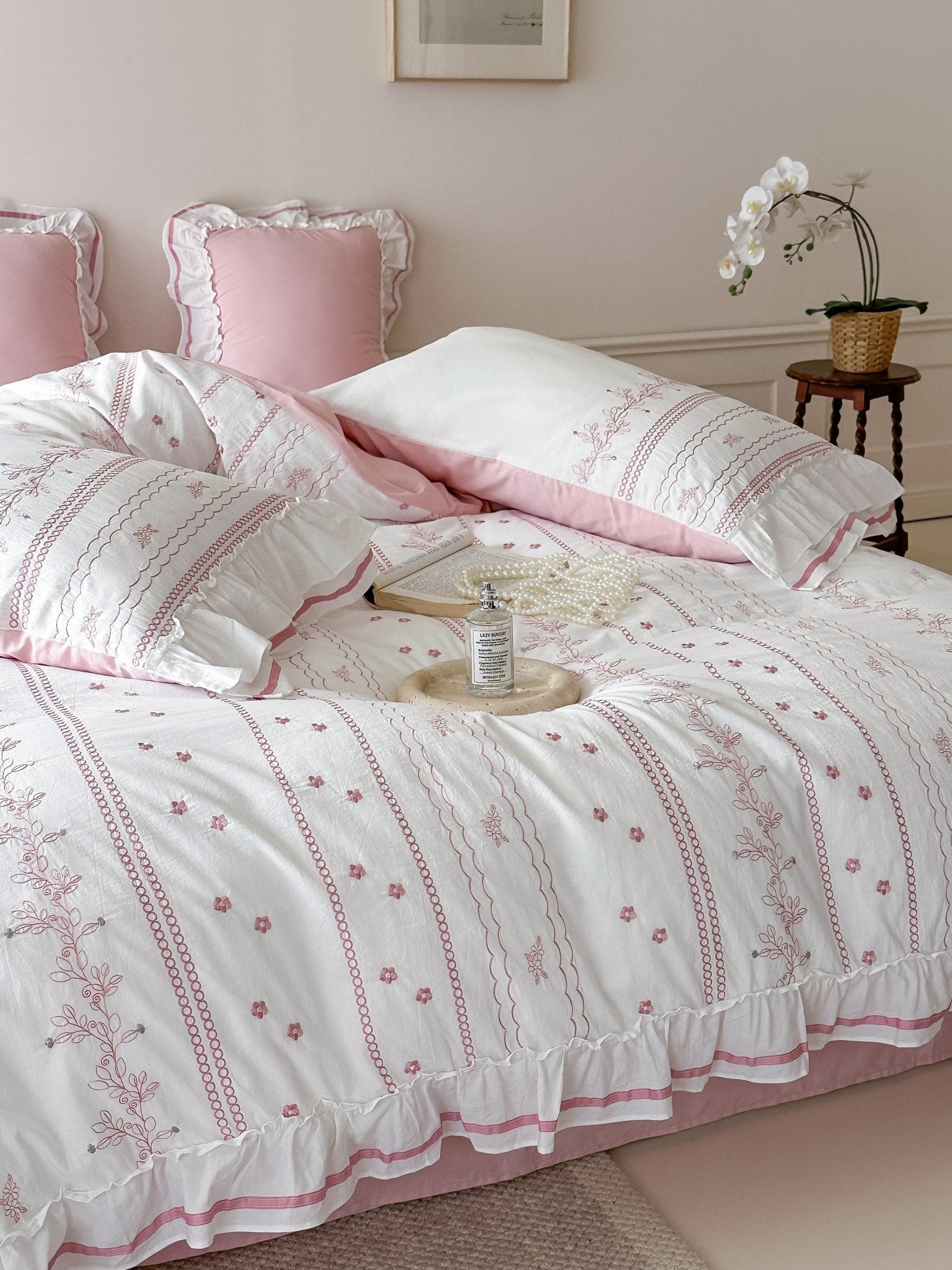 Embroidered French Lace Ruffle Bedding Set / Pink