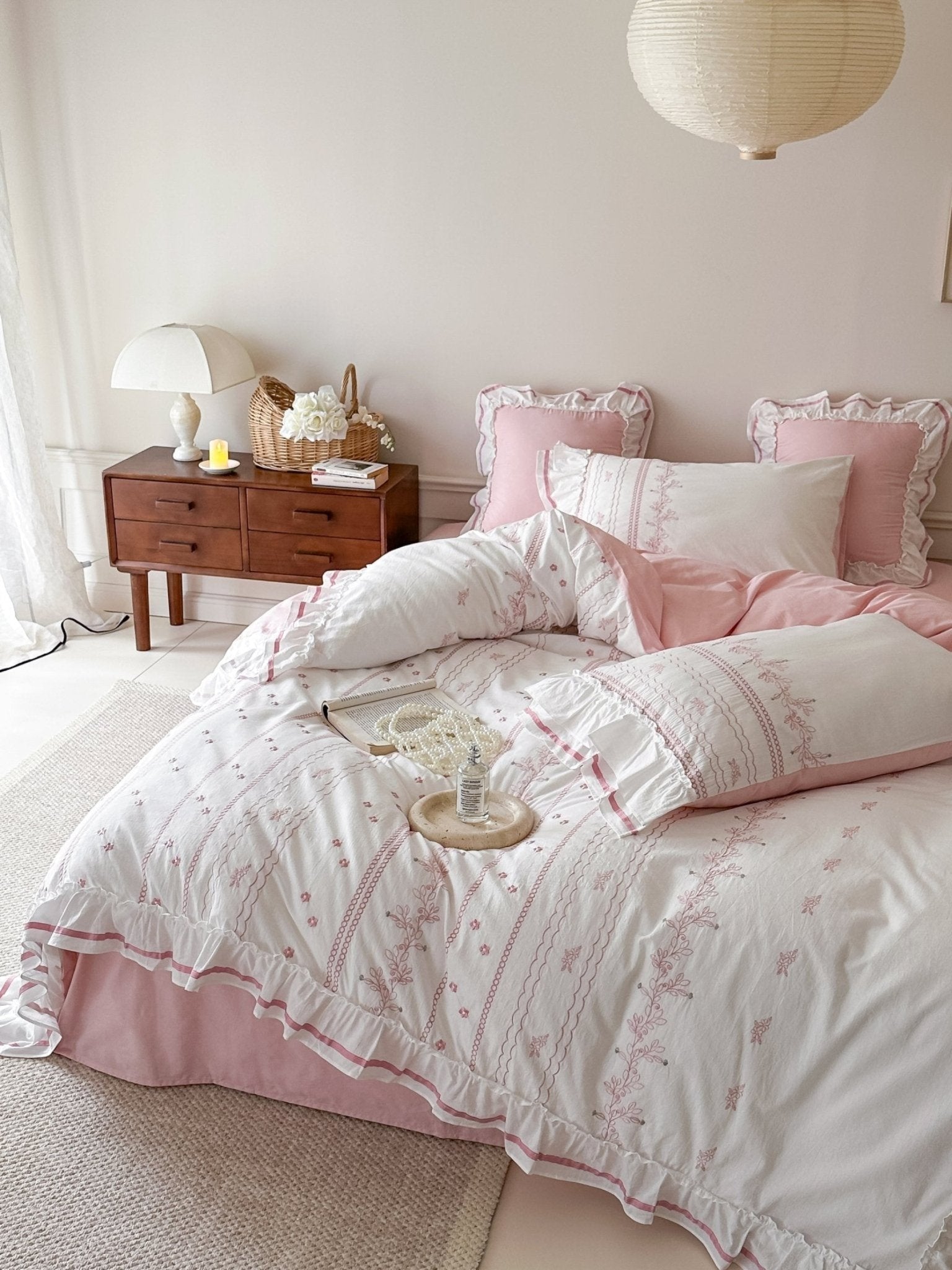 Embroidered French Lace Ruffle Duvet Cover / Blue