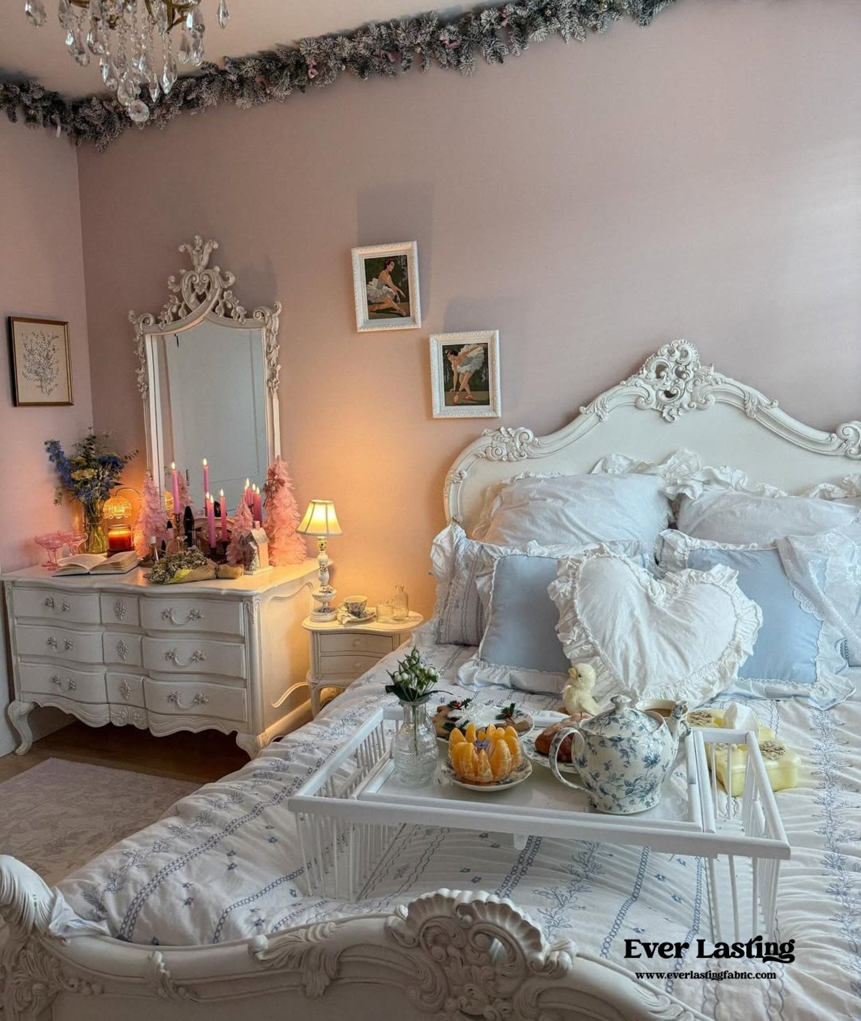 Embroidered French Lace Ruffle Duvet Cover / Pink