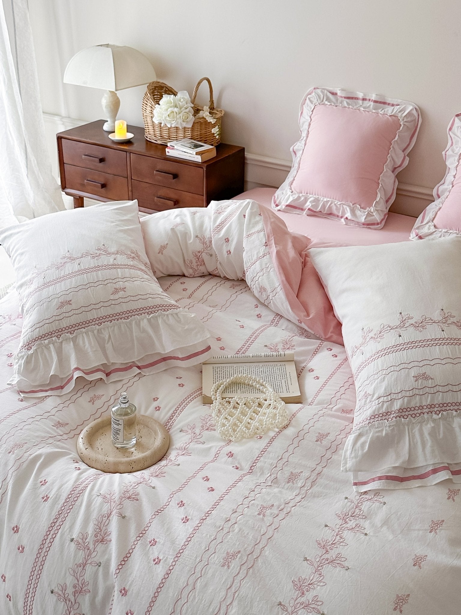 Embroidered French Lace Ruffle Duvet Cover / Pink