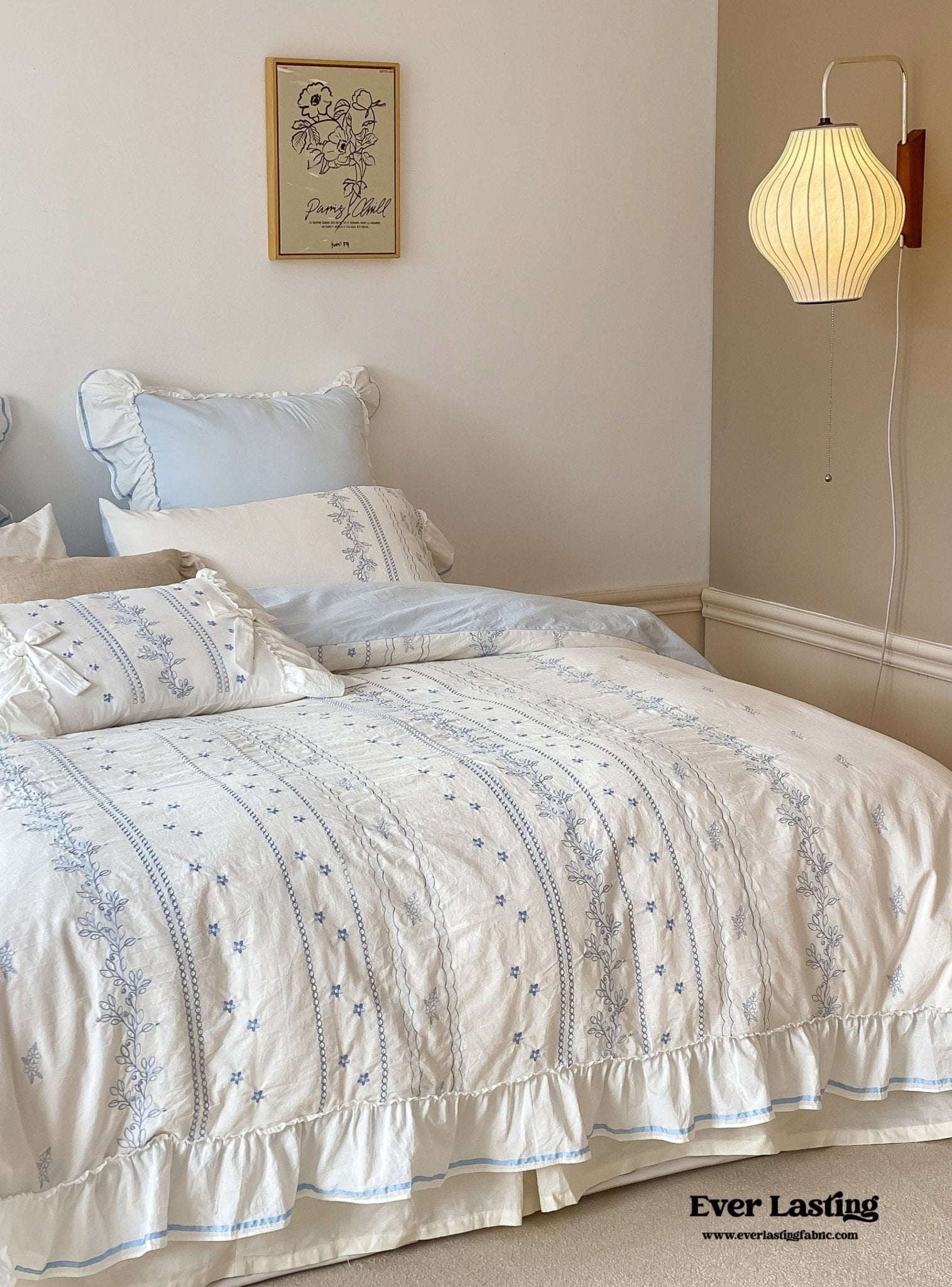 Embroidered French Lace Ruffle Duvet Cover / Pink