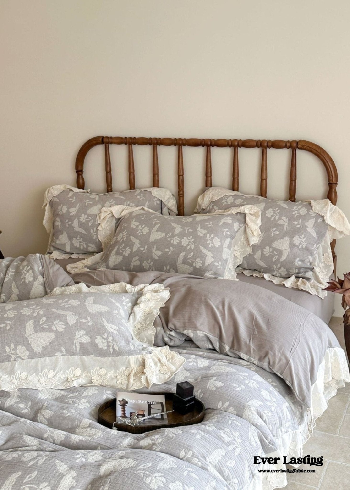 Emmeline Lace Ruffle Floral Bedding Set / White