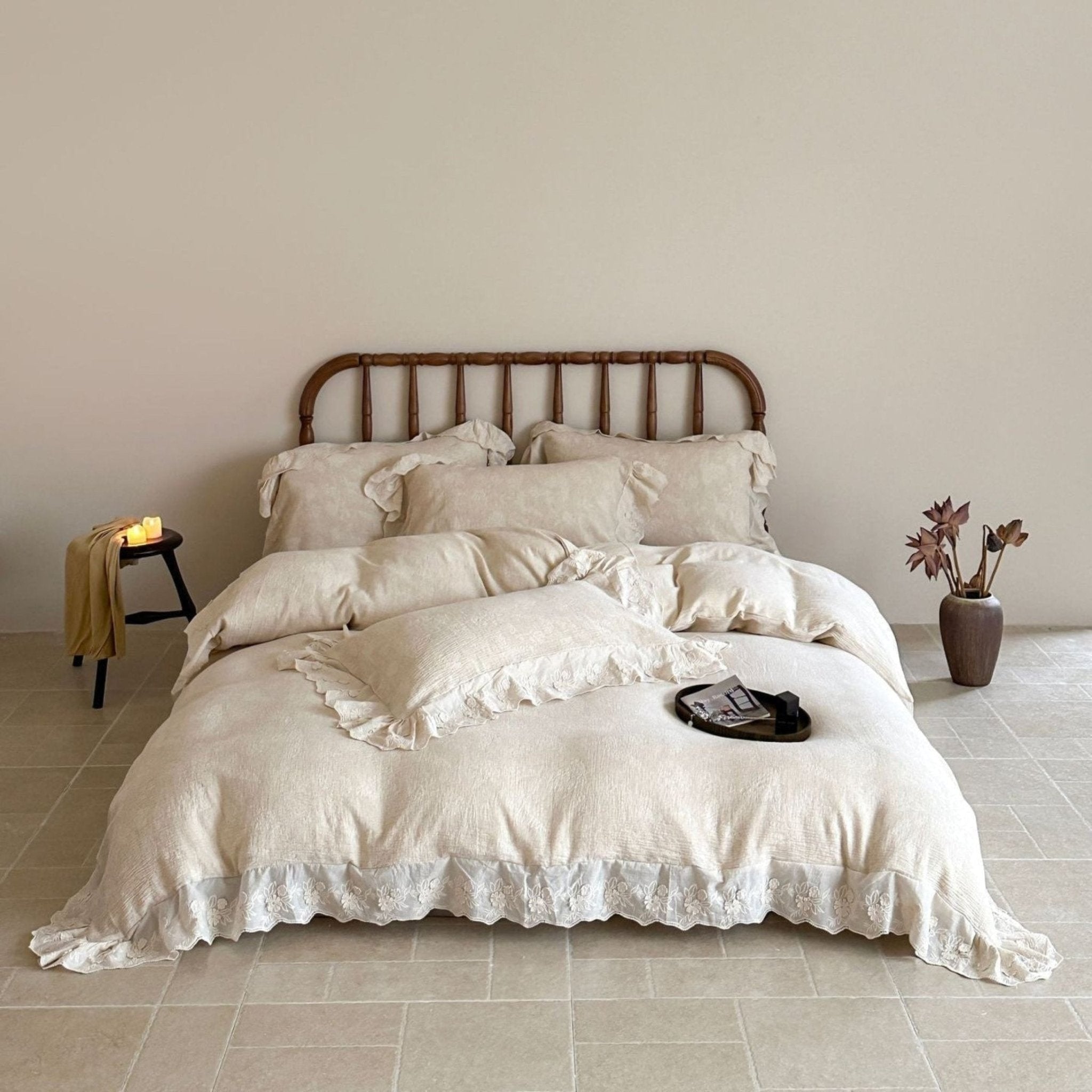 Emmeline Lace Ruffle Floral Bedding Set / White