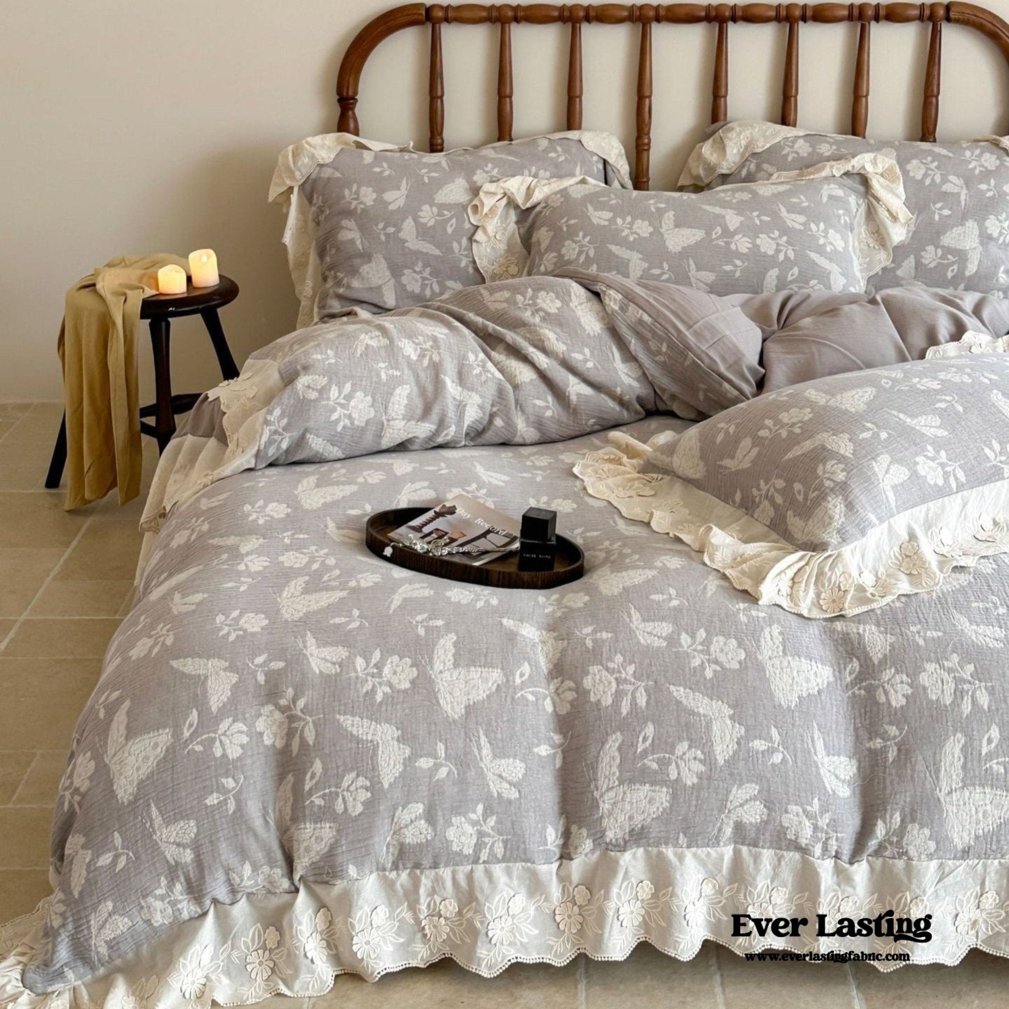Emmeline Lace Ruffle Floral Bedding Set / White