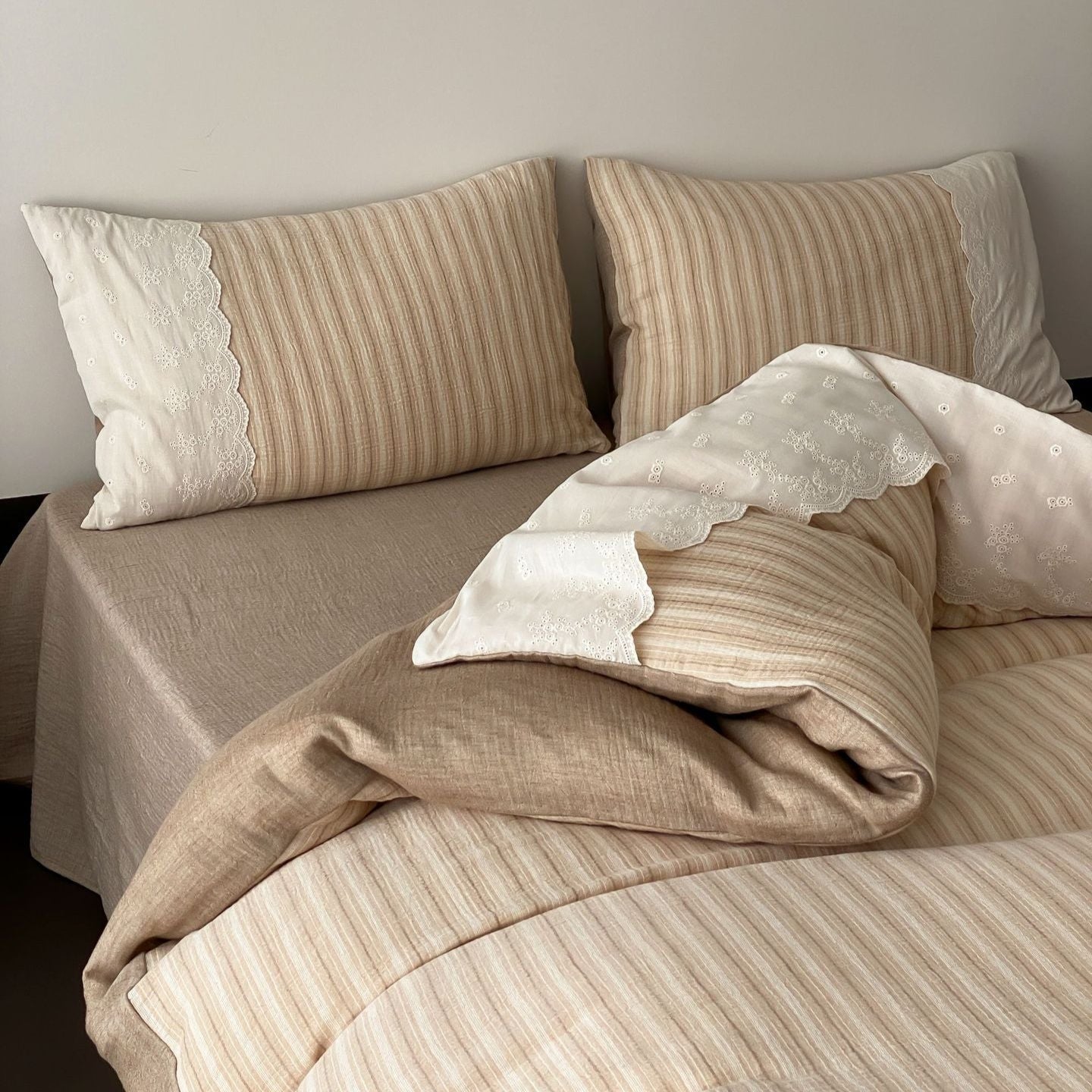 Florence Lace Double Gauze Striped Bedding Set / Green
