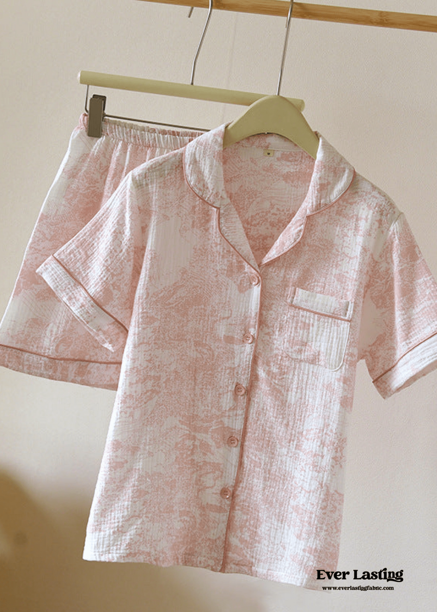 French Cottage Short Sleeves and Shorts Cotton Pajama Set / Pink