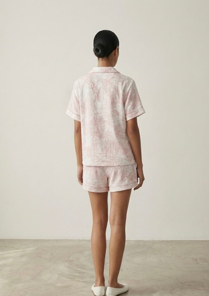 French Cottage Short Sleeves and Shorts Cotton Pajama Set / Pink