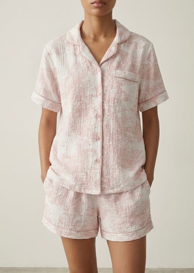 French Cottage Short Sleeves and Shorts Cotton Pajama Set / Pink