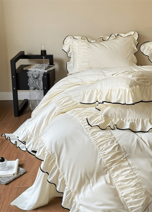 French Pleated Ruffle Bedding Set / Cream
