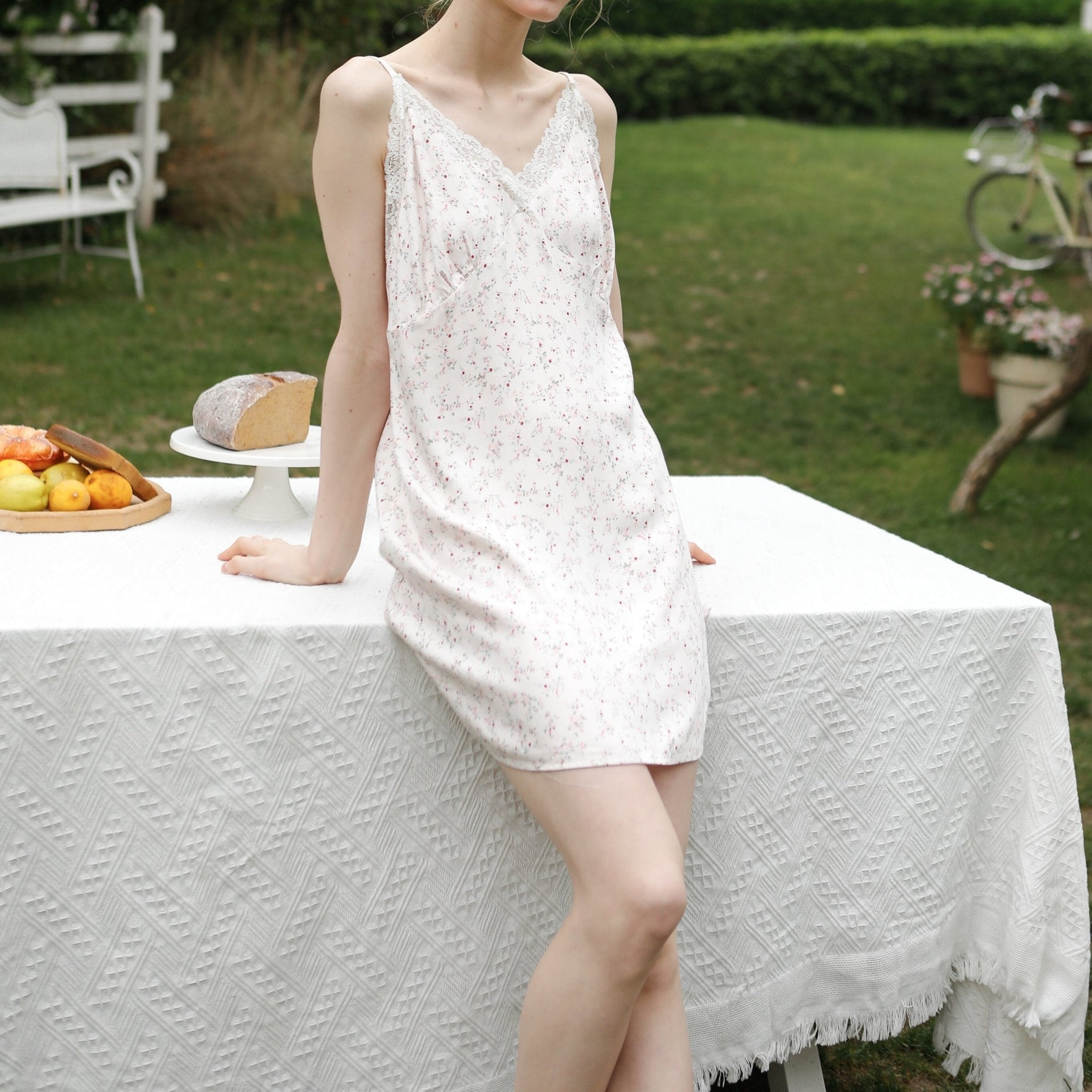 Fresh Floral Nightgown Pajama Dress / White