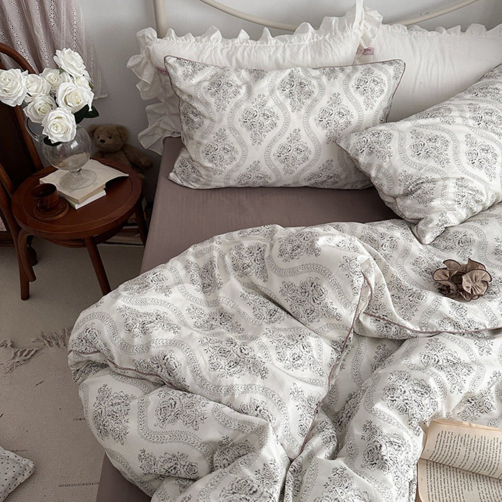 Hannah Vintage Floral Braids Cotton Bedding Set / White