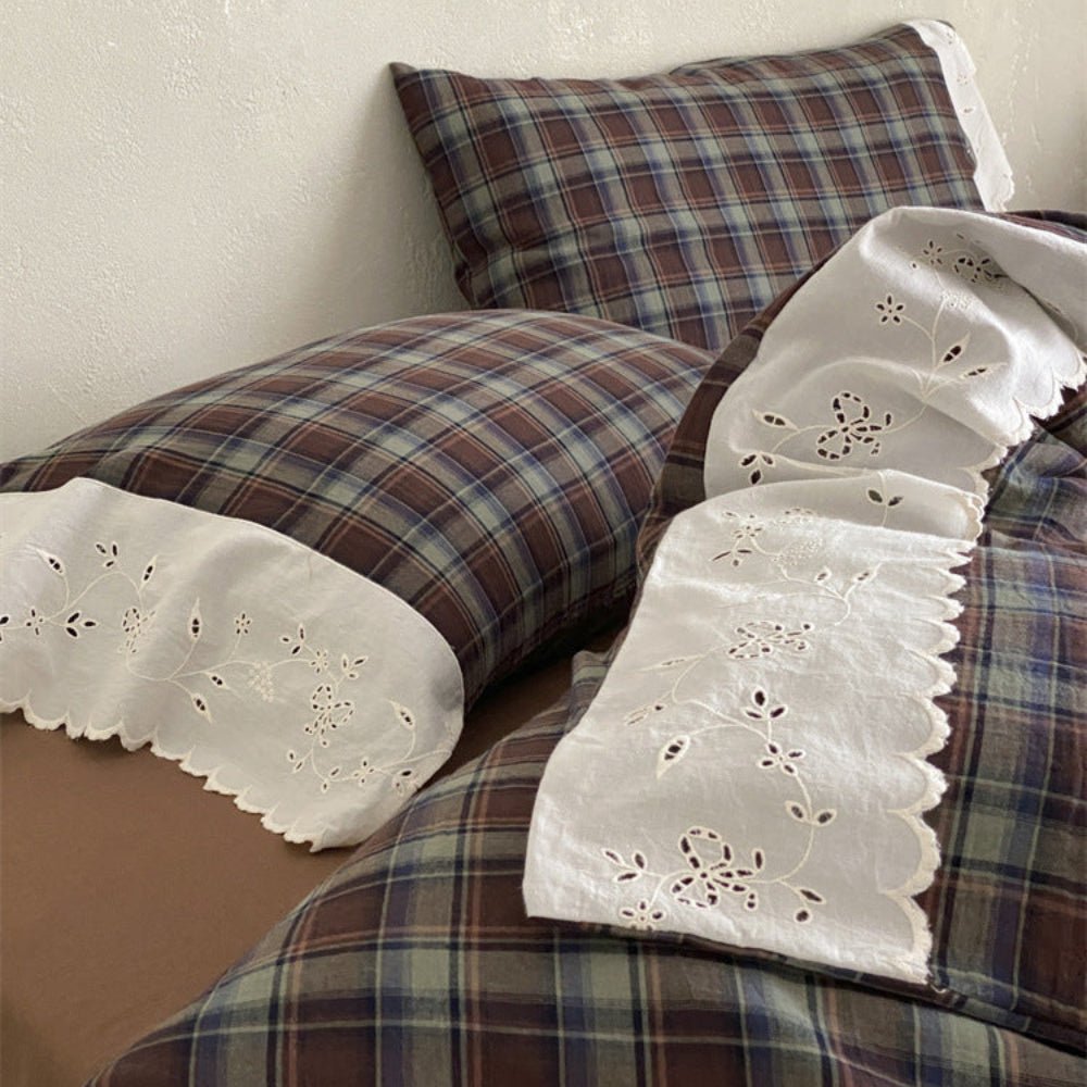 June Lace Double Gauze Gingham Bedding Set / Blue