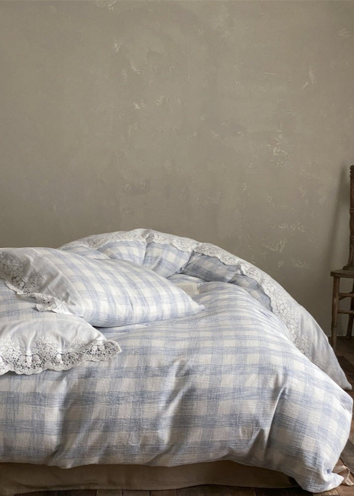 June Lace Double Gauze Gingham Bedding Set / Blue