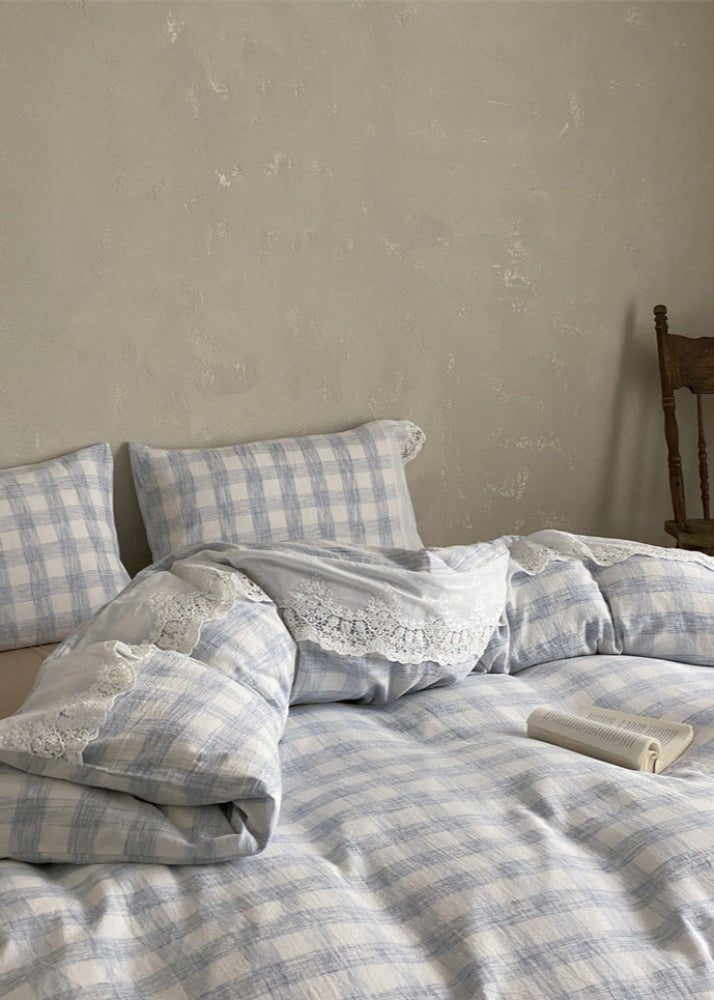 June Lace Double Gauze Gingham Bedding Set / Blue