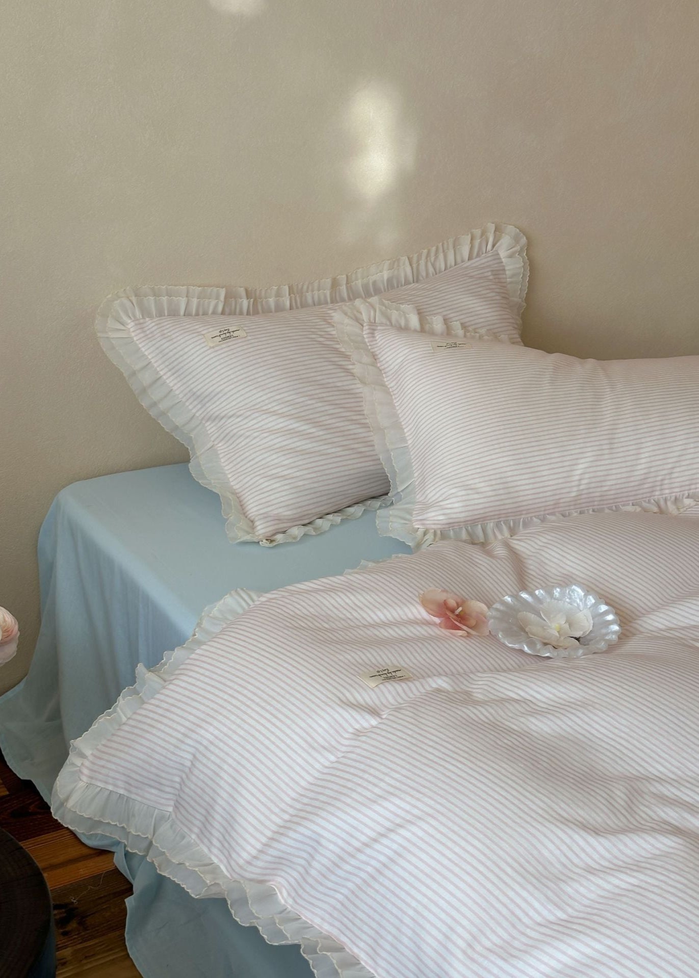 Mabel Lace Double Gauze Striped Bedding Set / Blue
