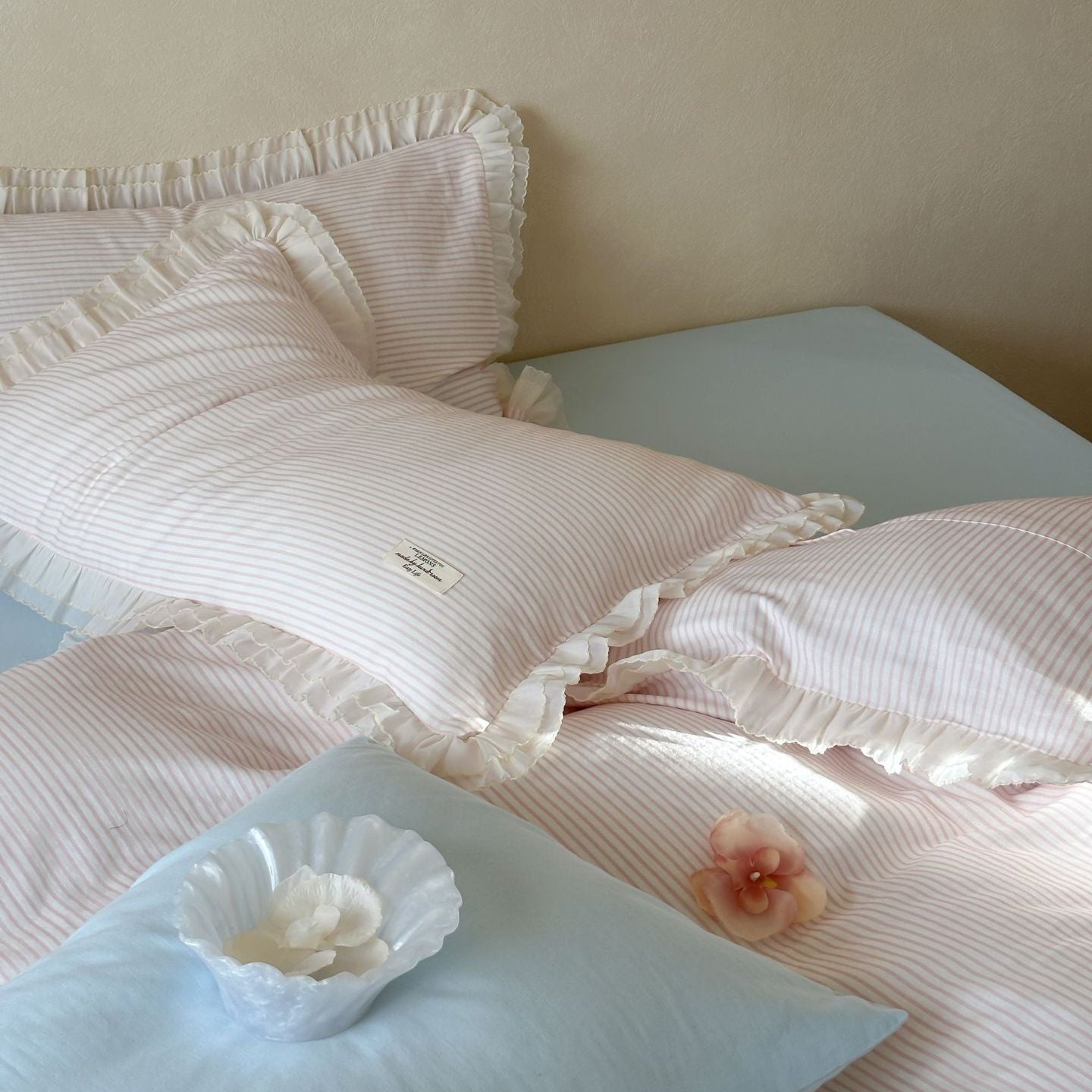 Mabel Lace Double Gauze Striped Bedding Set / Blue