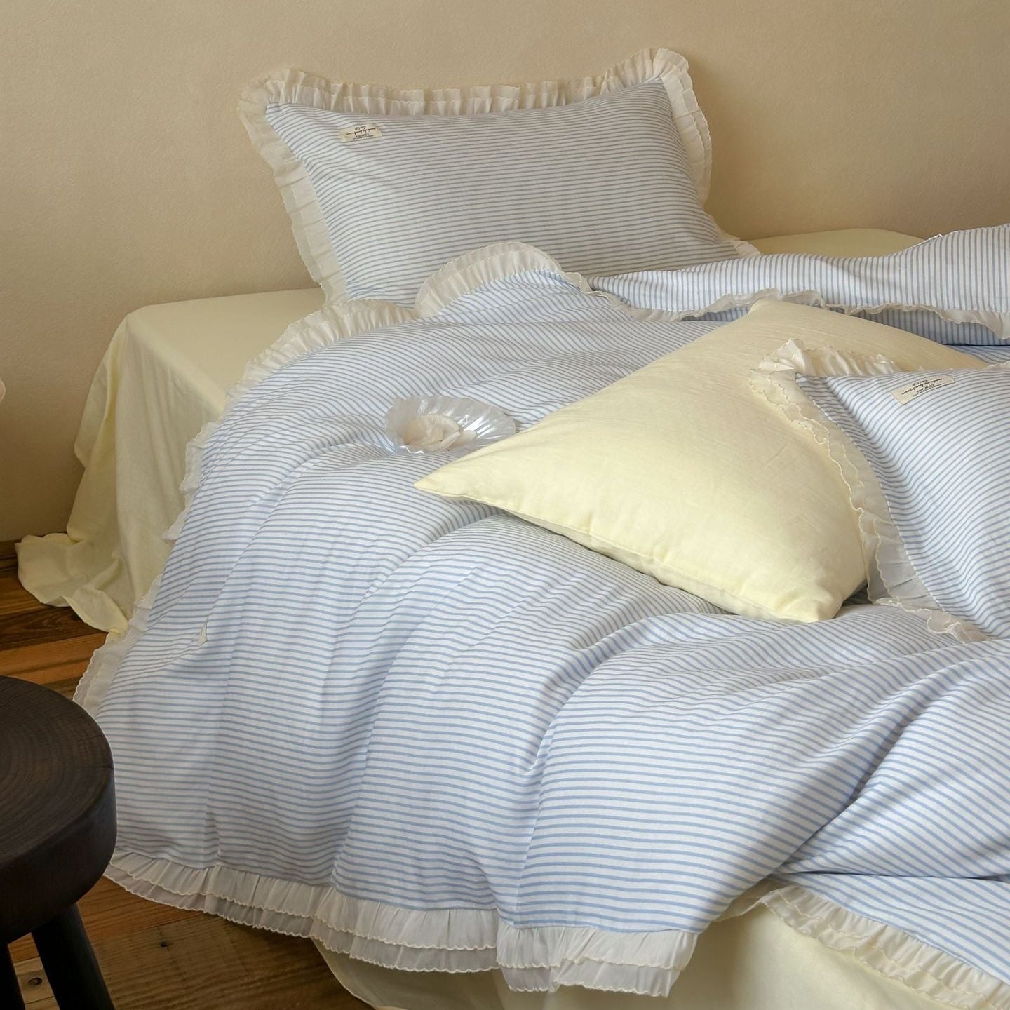 Mabel Lace Double Gauze Striped Bedding Set / Blue