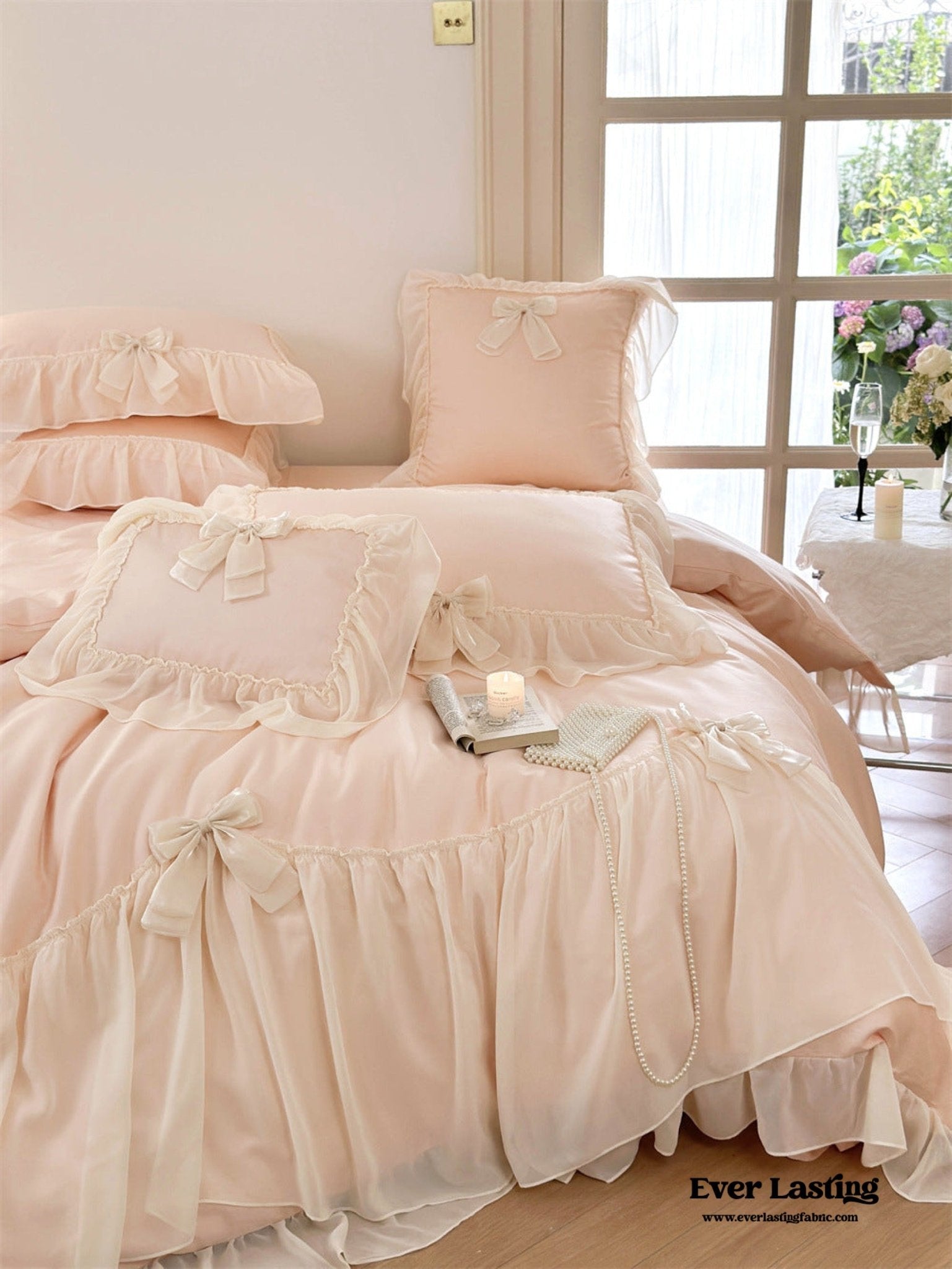 Ribbon Bow Airy Lace Bedding Set / Blue