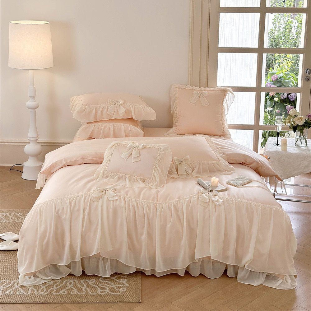 Ribbon Bow Airy Lace Bedding Set / Cream White