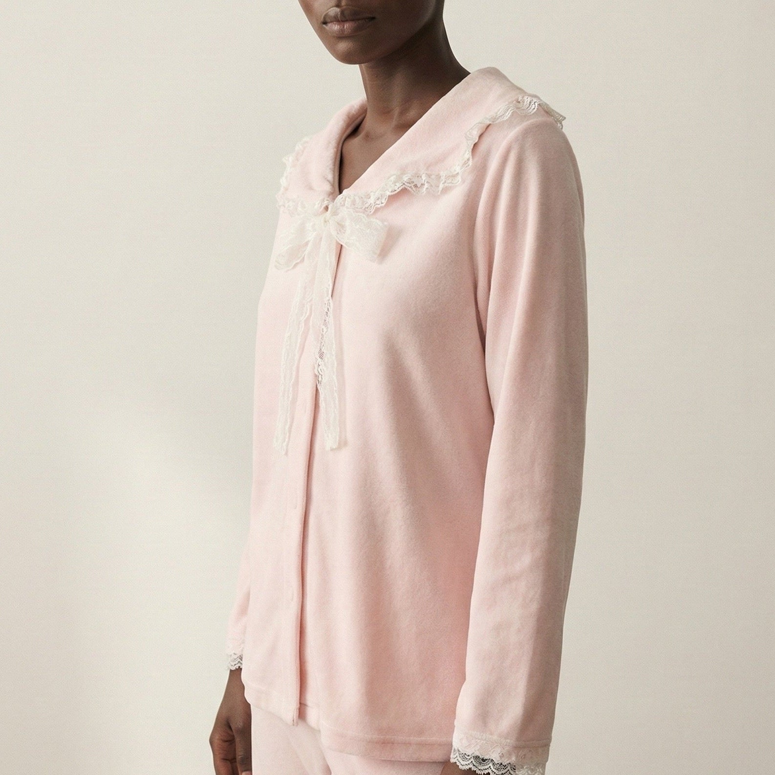 Rosy Velvet Coquette Lace Pajama Set / Pink
