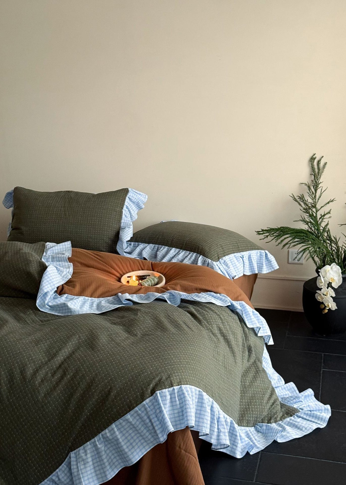Sadie Gingham Lace Ruffle Bedding Set / Green