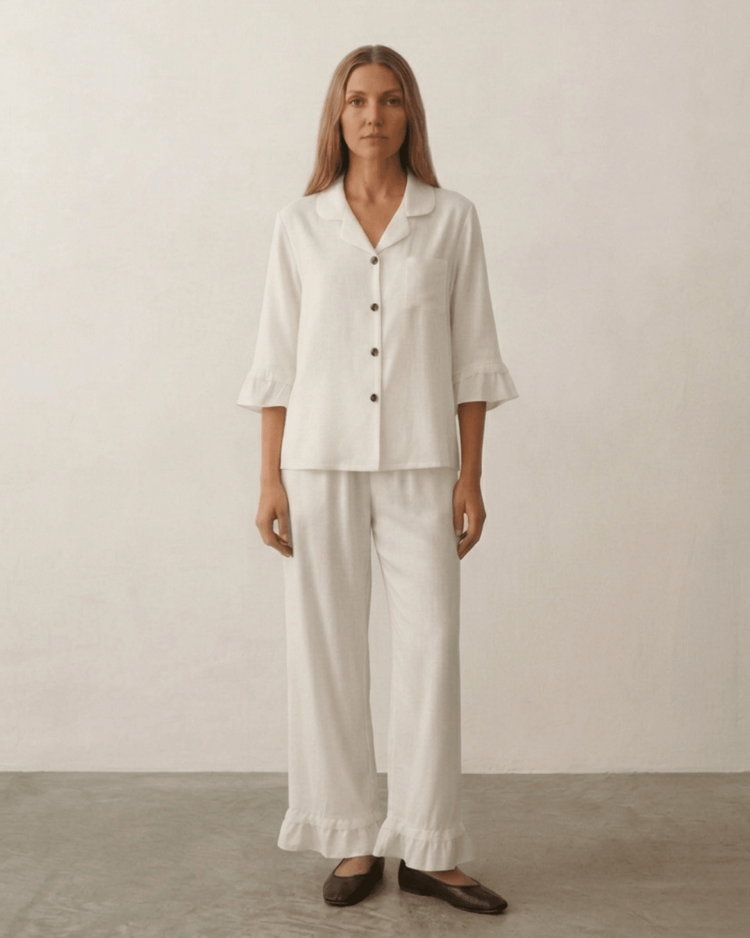 Silky Lace Ruffle Long Sleeves and Pants Pajama Set / White