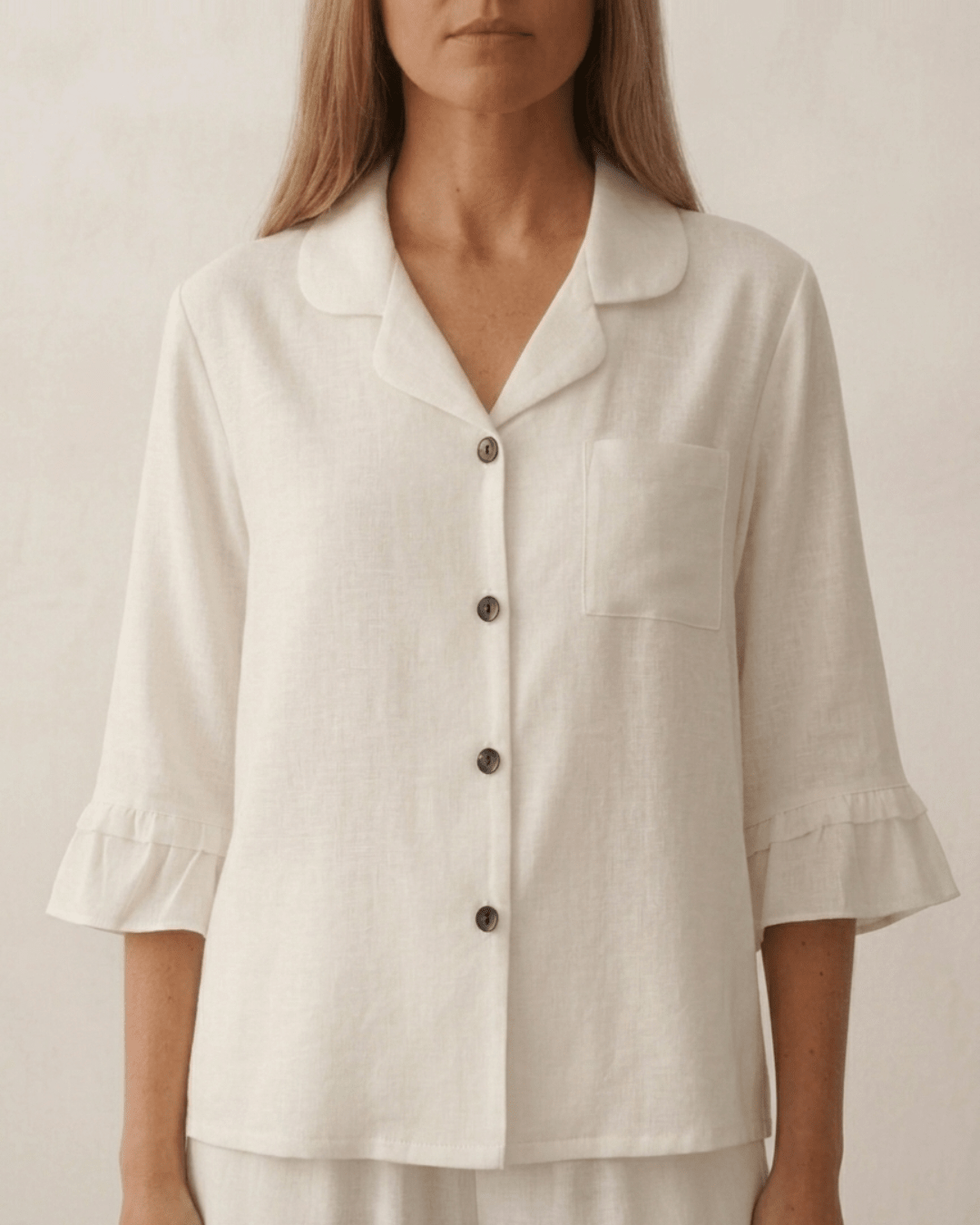 Silky Lace Ruffle Long Sleeves and Pants Pajama Set / White