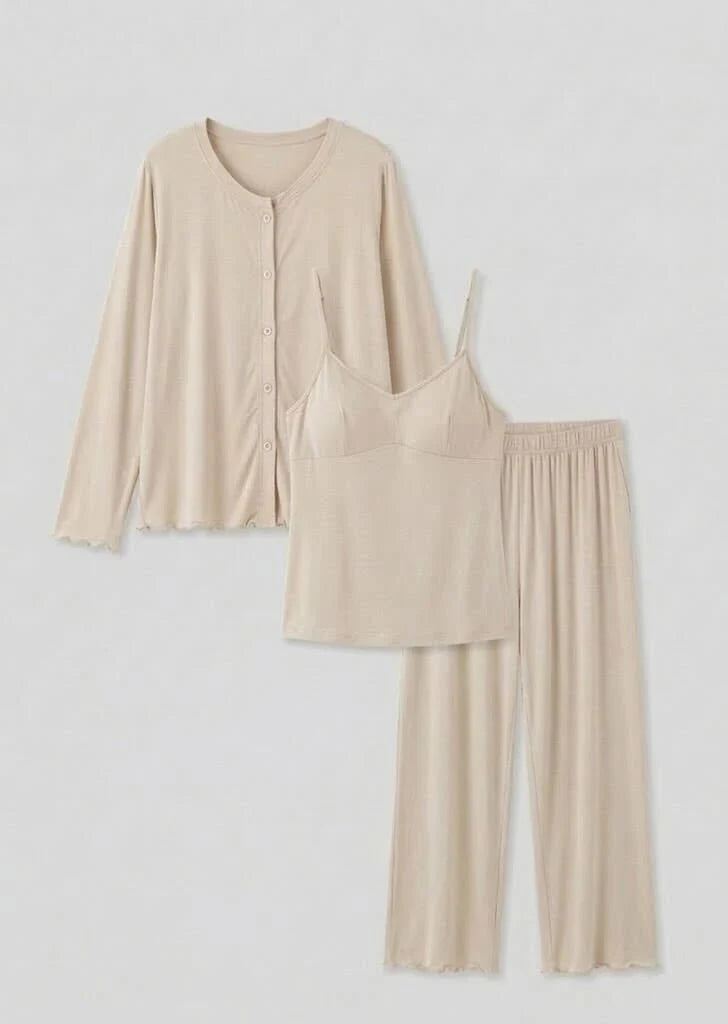 Solid Ruffle V Tank and Long Pants with Cardigan Modal Pajama Set