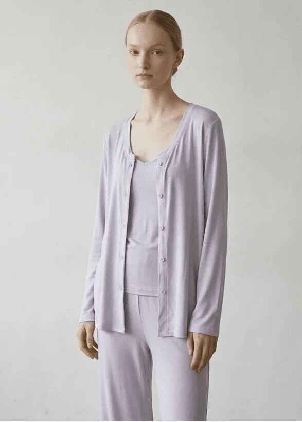 Solid Ruffle V Tank and Long Pants with Cardigan Modal Pajama Set