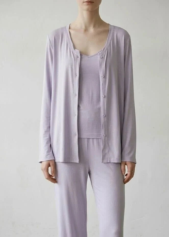Solid Ruffle V Tank and Long Pants with Cardigan Modal Pajama Set
