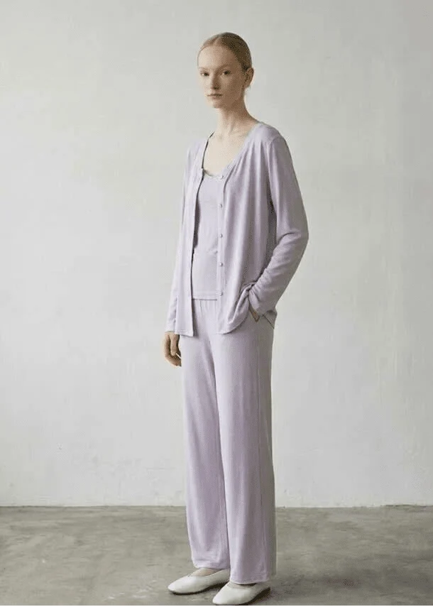 Solid Ruffle V Tank and Long Pants with Cardigan Modal Pajama Set