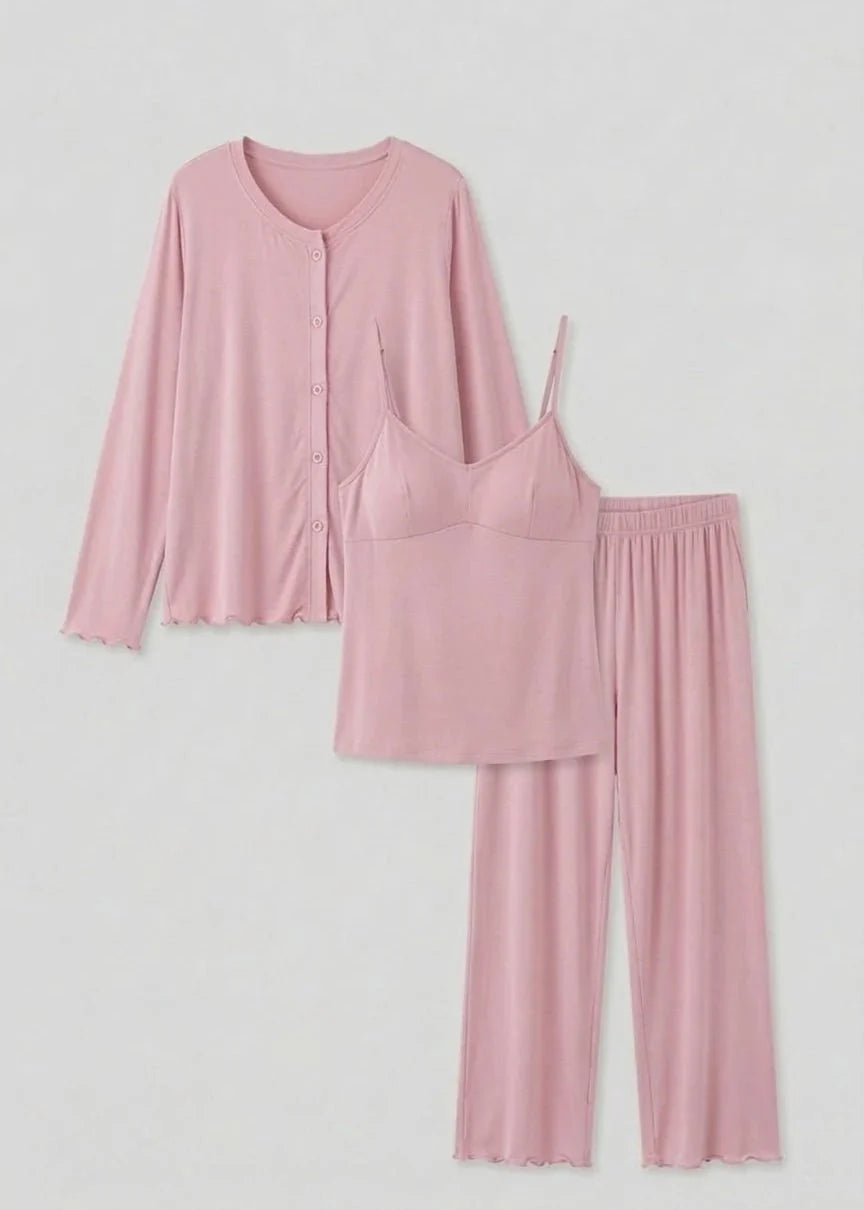 Solid Ruffle V Tank and Long Pants with Cardigan Modal Pajama Set
